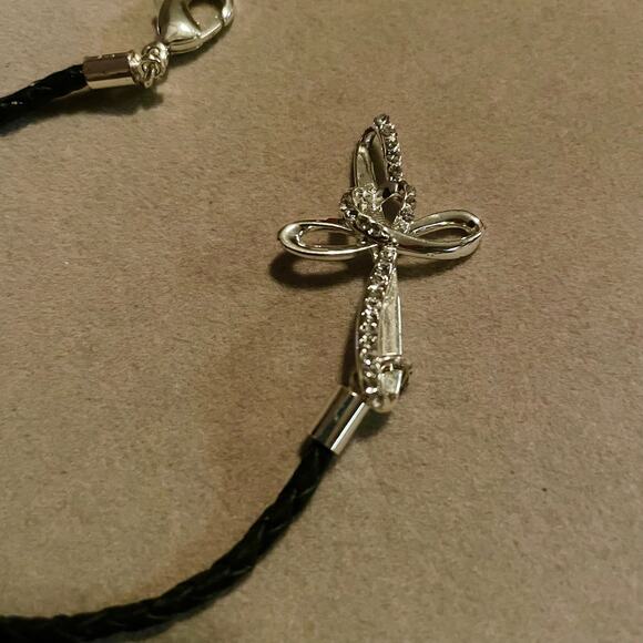 ‘Live by Faith’ Silver Tone Cross Black Leather Braided Cord Bracelet - Picture 2 of 4